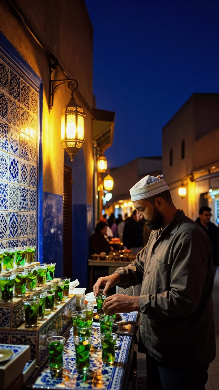 Night Market Tea Stains on Traditional Moroccan Tiles in Essaouira Morocco in in Essaouira, Morocco