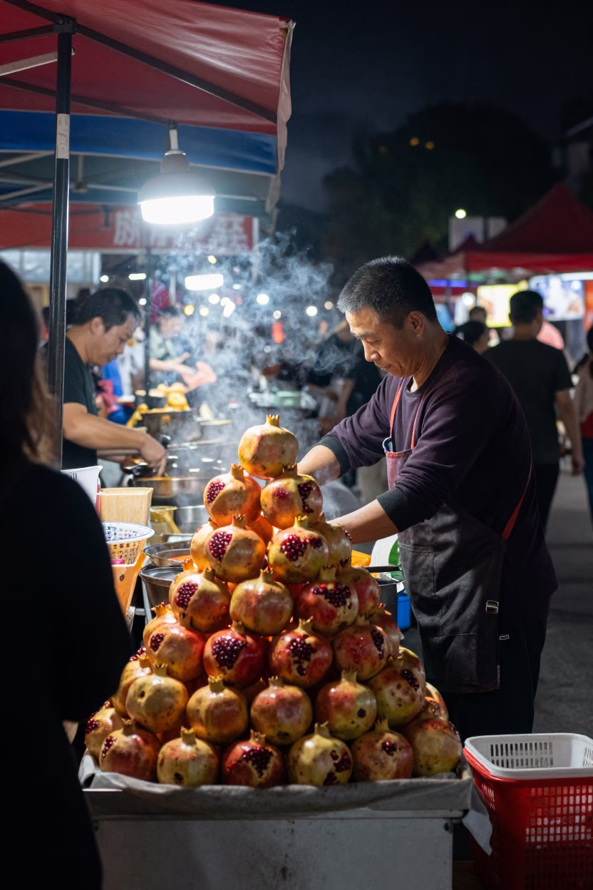 Night Market Vendor Arranges Pomegranates in in a flea market lane in Wenzhou