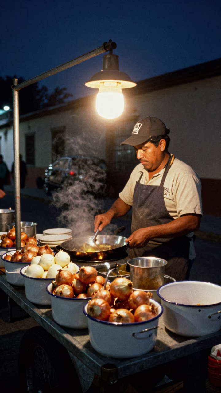 Night Market Vendor Cooking Enamel Bowls and Onions Under Guadalajara Streetlights in in Guadalajara, Mexico