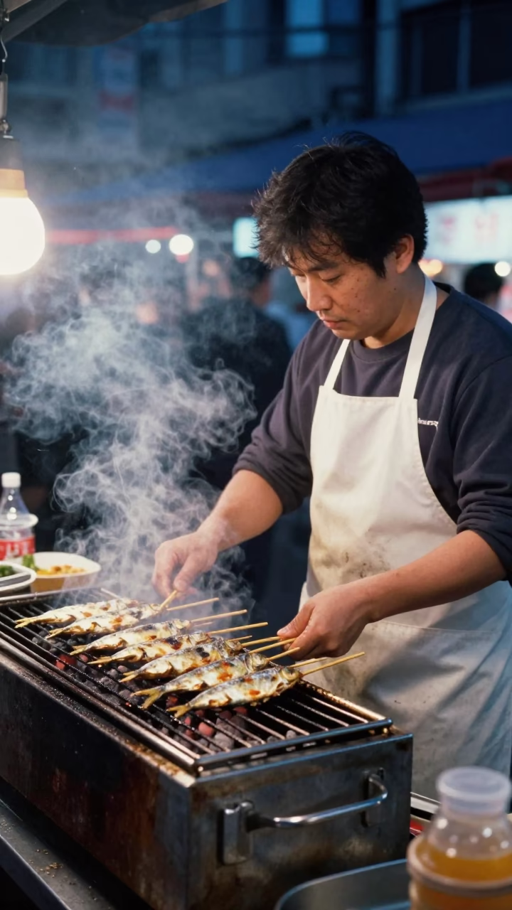 Night Market Vendor Grilling Sardines in Busan Street Food Stall in in Busan, South Korea