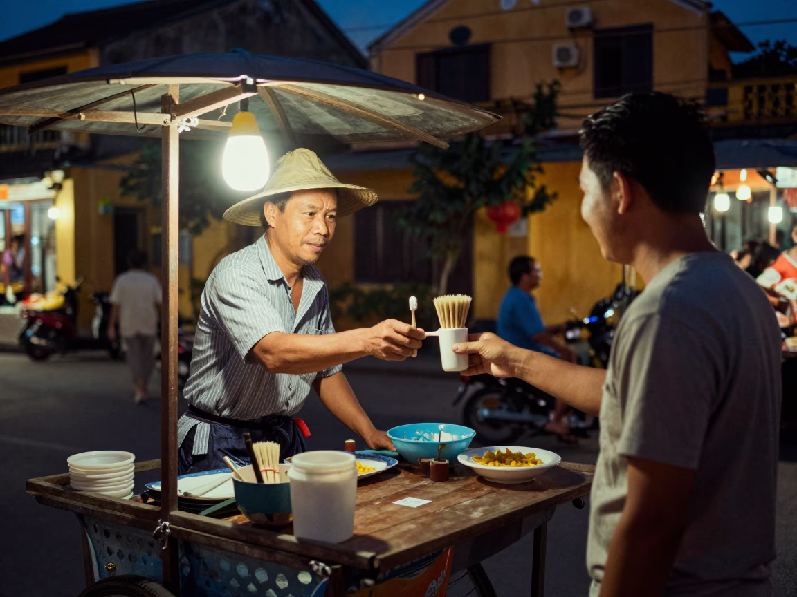 Night Market Vendor Hoi An Vietnam Late Evening Candid Shot in in Hoi An, Vietnam