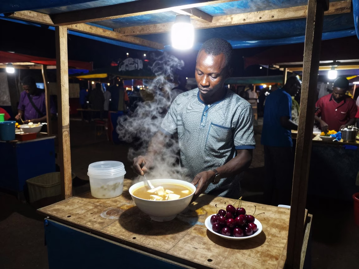 Night Market Vendor in Accra Ghana Serving Miso Soup and Cherries Under Streetlight in in Accra, Ghana