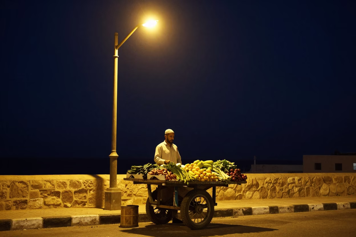 Night Market Vendor in Alexandria Egypt Selling Fresh Produce Under Streetlight in in Alexandria, Egypt