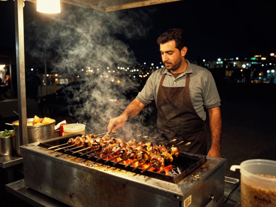 Night Market Vendor in Amman Jordan Cooking Shish Tawook Under Deep Night Sky in in Amman, Jordan