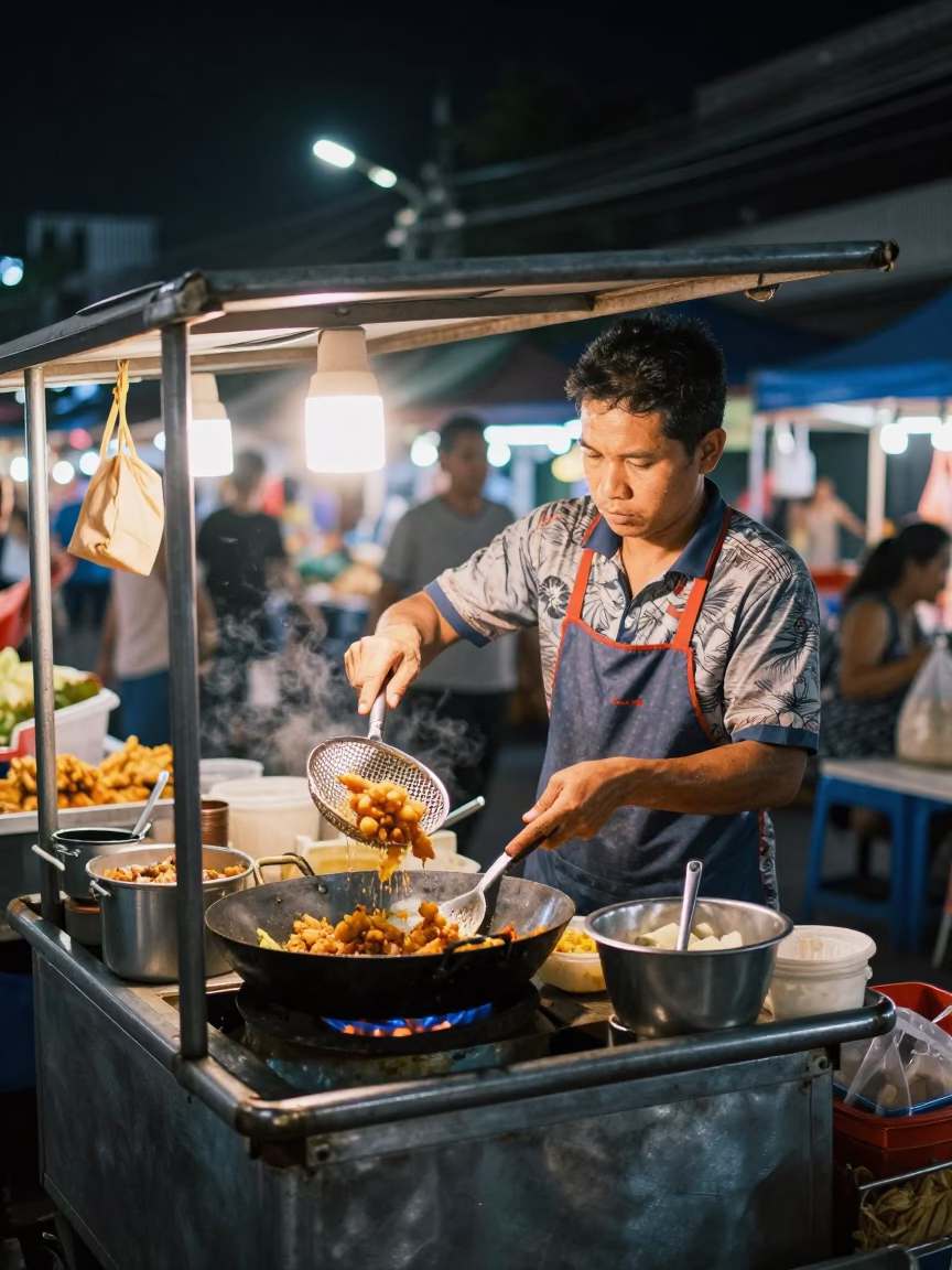 Night Market Vendor in Bangkok Thailand Preparing Food Under Streetlights with Monorail Passing Above in in Bangkok, Thailand