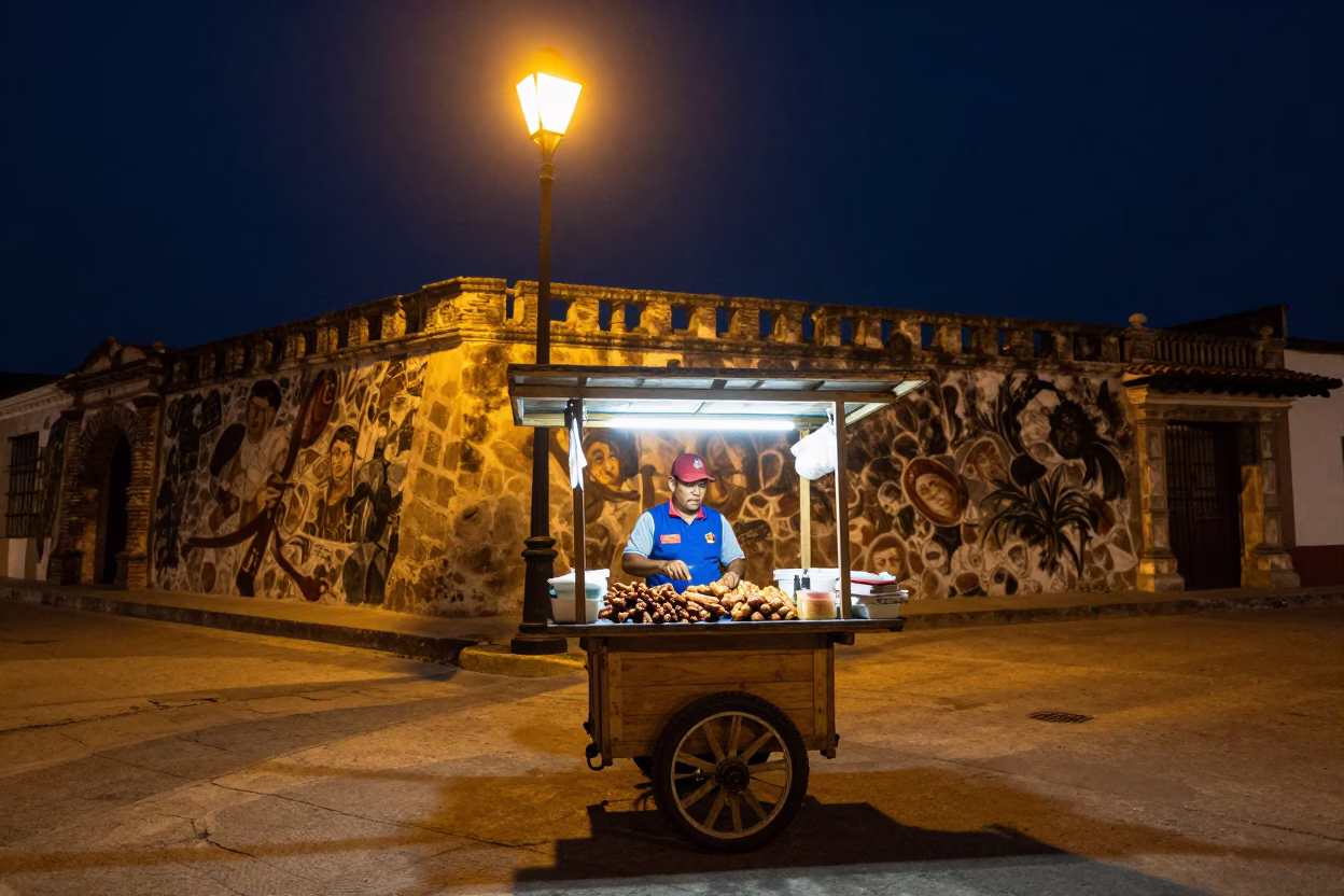 Night Market Vendor in Cartagena Colombia Selling Spiced Meat Snacks Under Streetlights in in Cartagena, Colombia