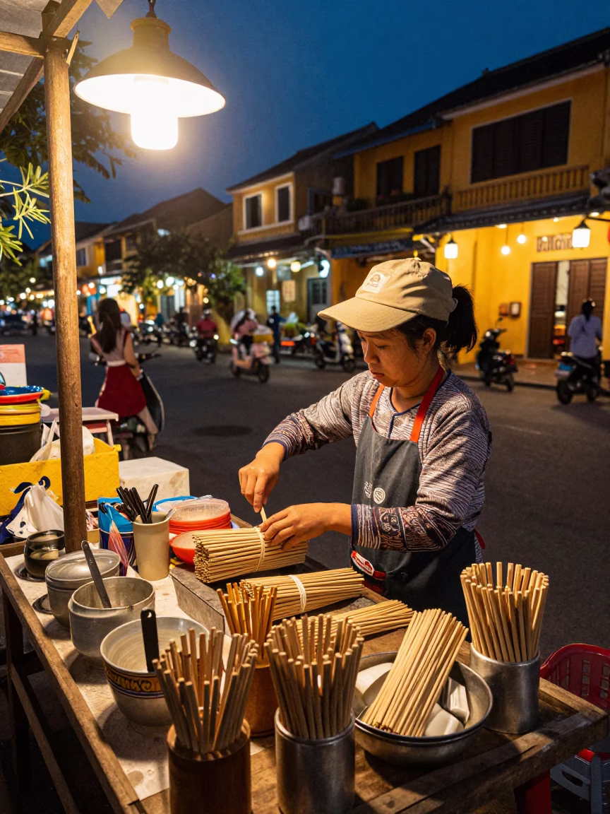 Night Market Vendor in Hoi An Sorting Utensils Under Warm Streetlights in in Hoi An, Vietnam