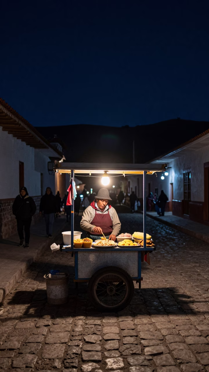 Night Market Vendor in La Paz Bolivia Preparing Traditional Food Under Deep Night Sky in in La Paz, Bolivia