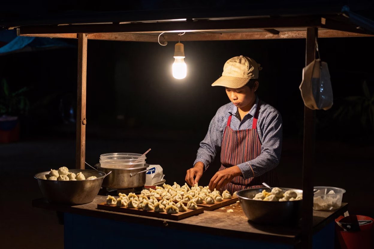 Night Market Vendor in Luang Prabang Laos Preparing Dumplings Under Deep Darkness in in Luang Prabang, Laos