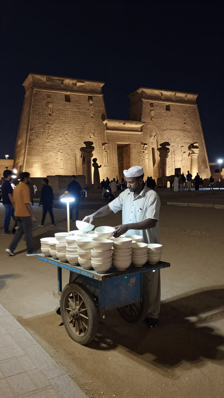 Night Market Vendor in Luxor Egypt with Ceramic Bowls and Street Lights in in Luxor, Egypt