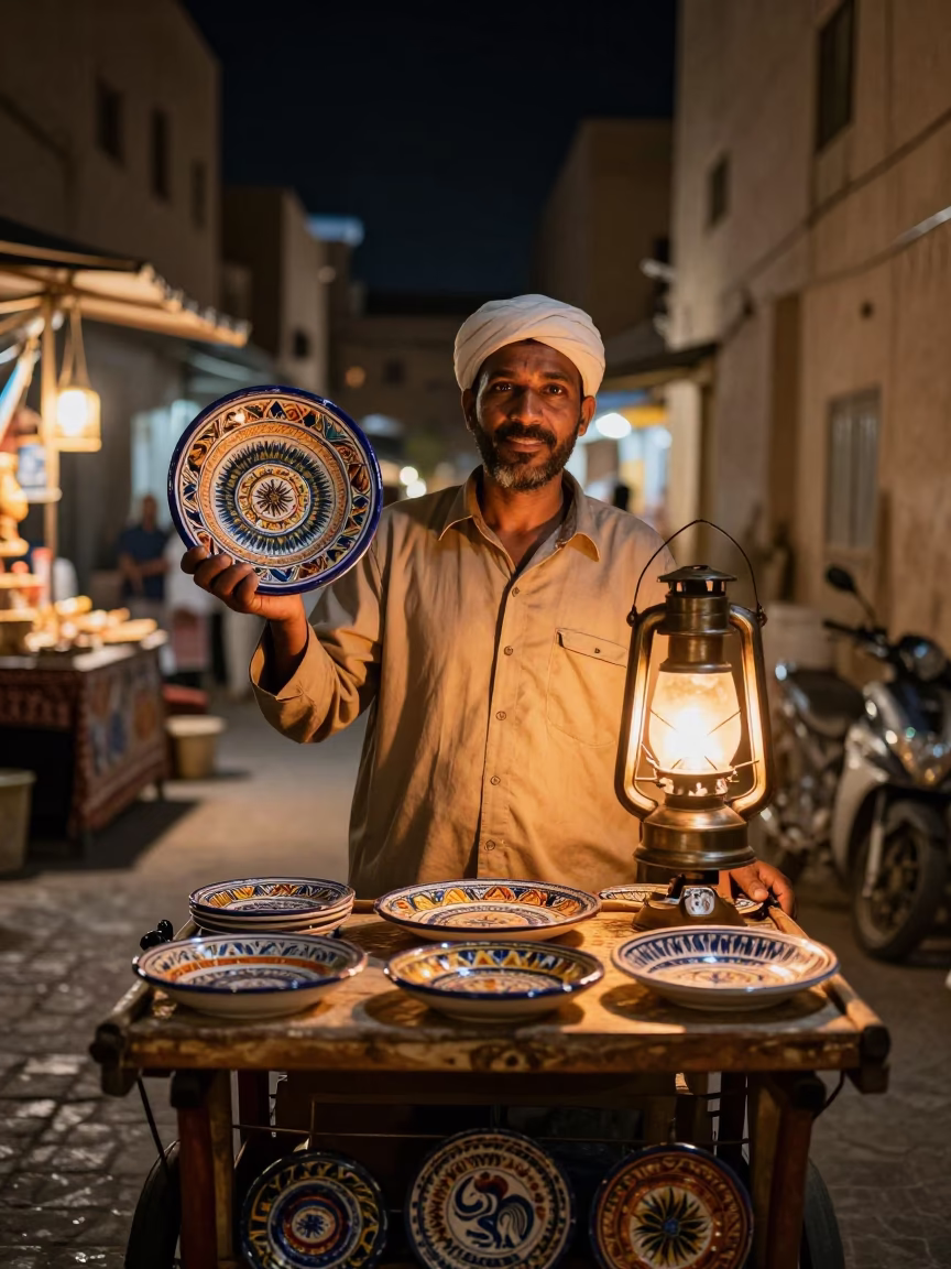 Night Market Vendor in Luxor Egypt with Vintage Majolica Plate and Hurricane Lamp in in Luxor, Egypt