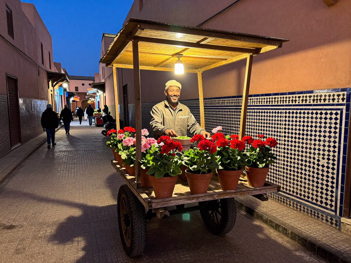 Night Market Vendor in Marrakech Morocco Late Evening Street Scene in in Marrakech, Morocco