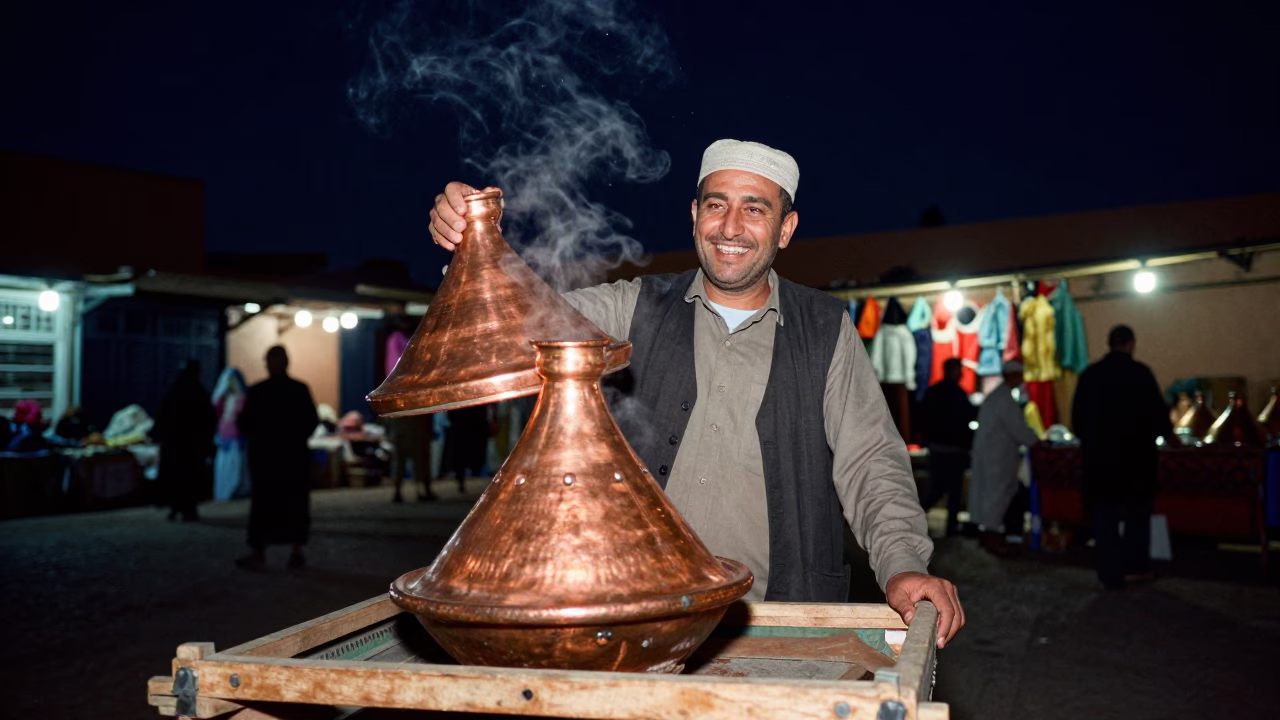 Night Market Vendor in Marrakech Morocco with Copper Tagine and Starry Sky in in Marrakech, Morocco