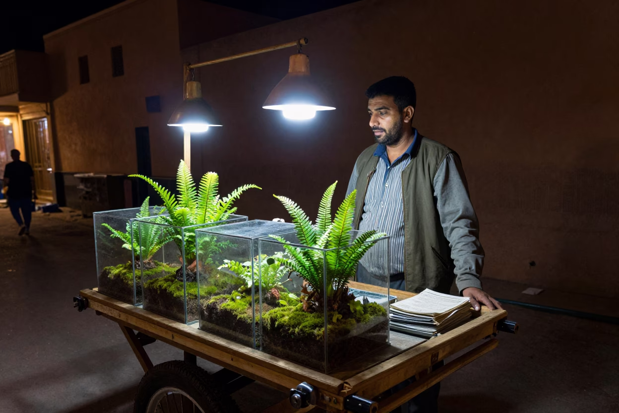 Night Market Vendor in Marrakech Morocco with Glass Terrarium and Moss in in Marrakech, Morocco