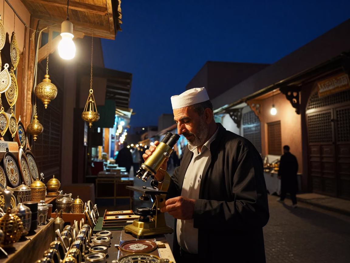Night Market Vendor in Marrakech Souk with Antique Microscope and Kutch Mirror Embroidery Artisan in in Marrakech, Morocco