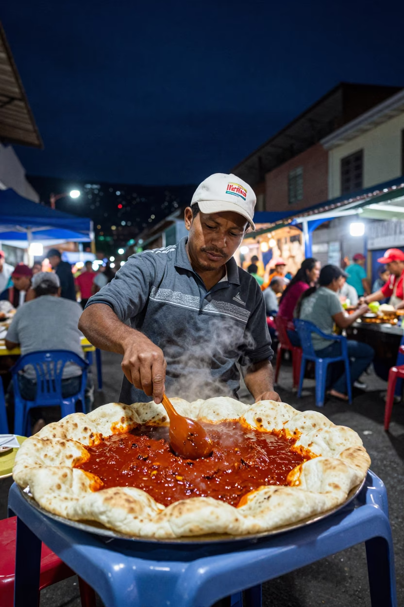 Night Market Vendor in Medellin Colombia Serving Spicy Doro Wat with Injera Under Streetlights in in Medellin, Colombia