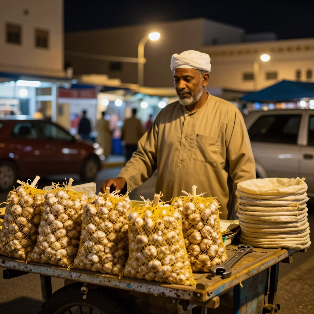 Night Market Vendor in Muscat Oman with Garlic and Wrench in in Muscat, Oman