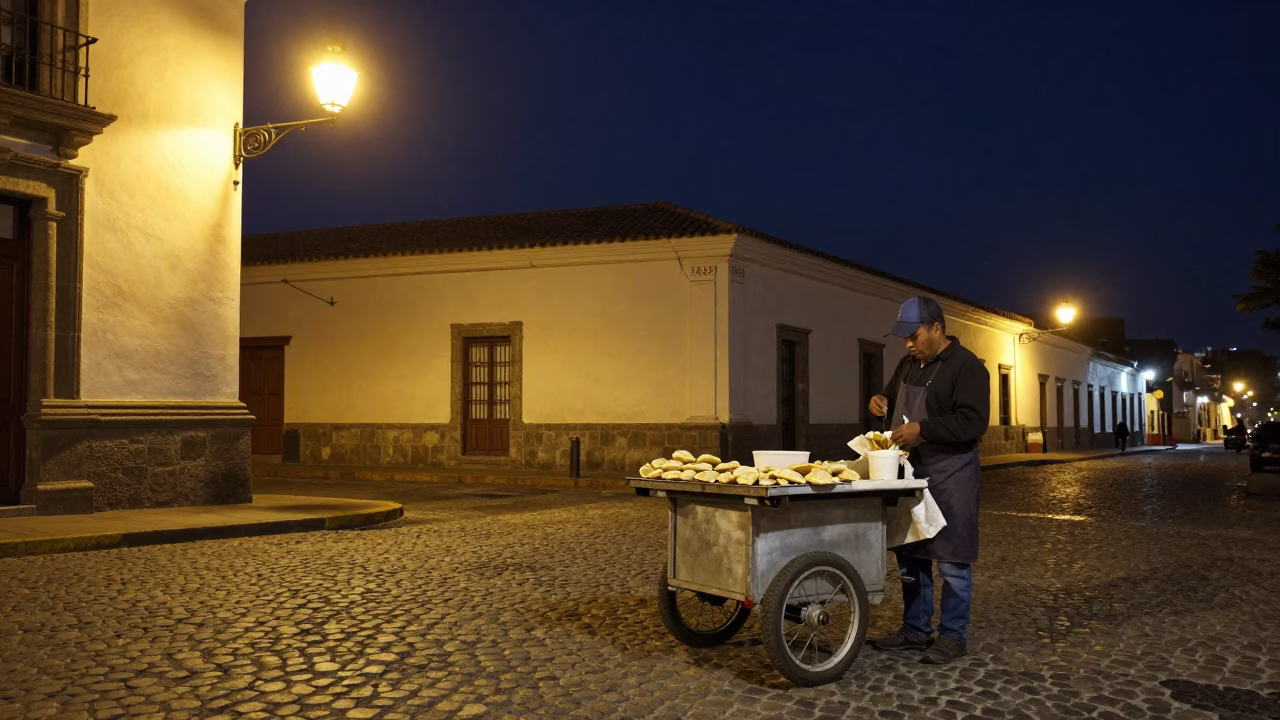 Night Market Vendor in Quito Ecuador Preparing Empanadas Under Streetlights in in Quito, Ecuador