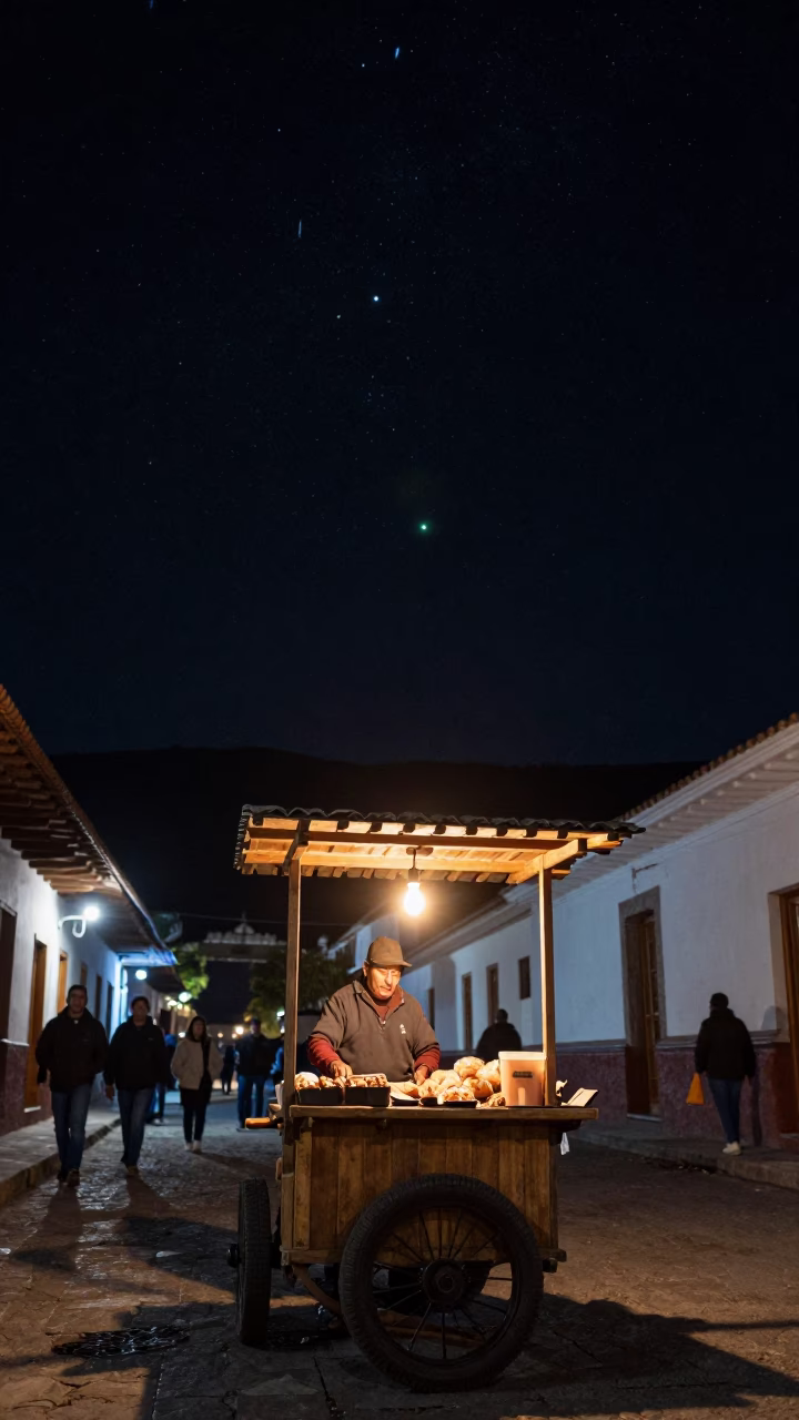 Night Market Vendor in Quito Ecuador Under Deep Starry Sky in in Quito, Ecuador