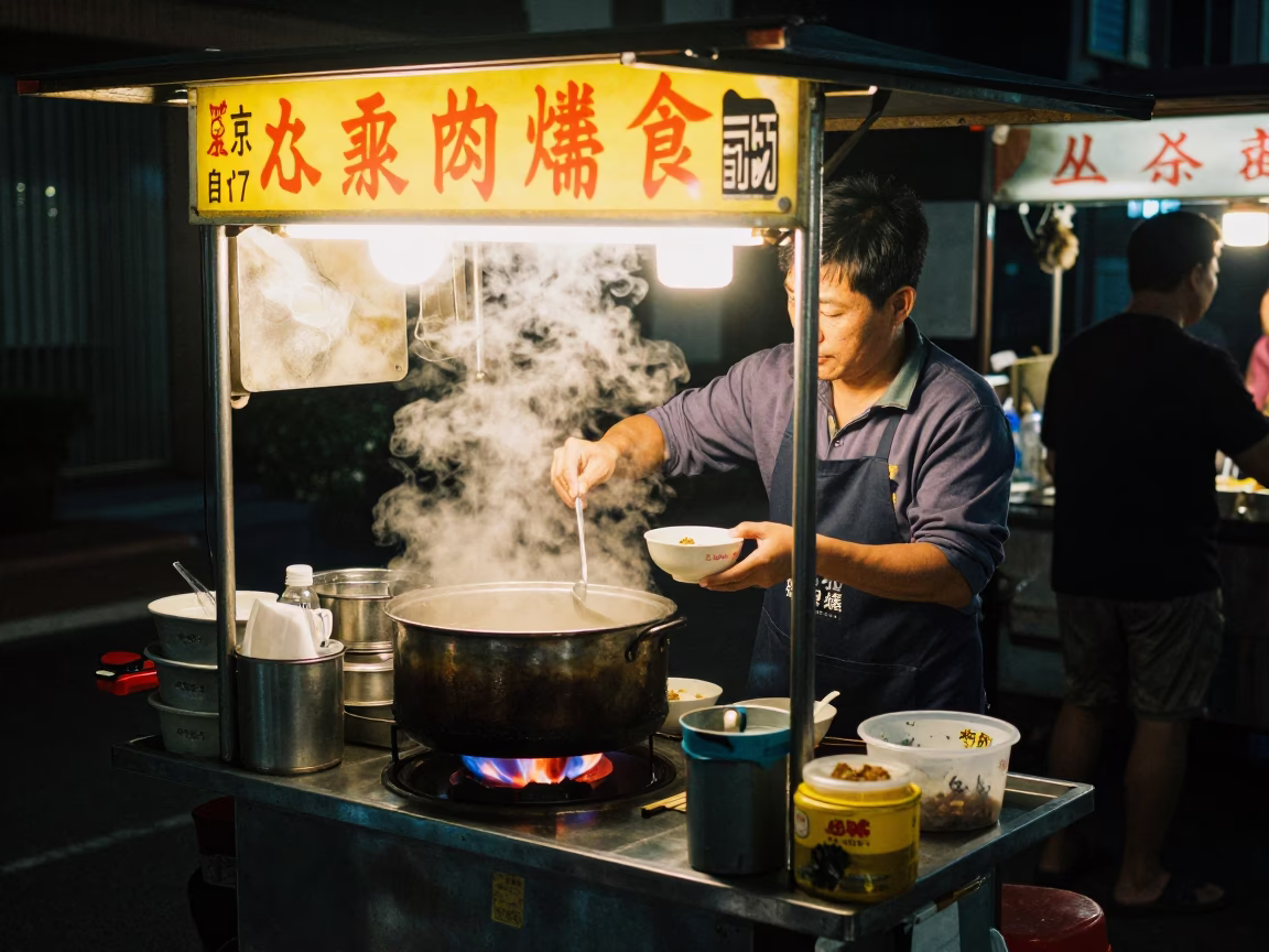 Night Market Vendor in Tainan Serving Hot Food Under Warm Streetlights in in Tainan, Taiwan