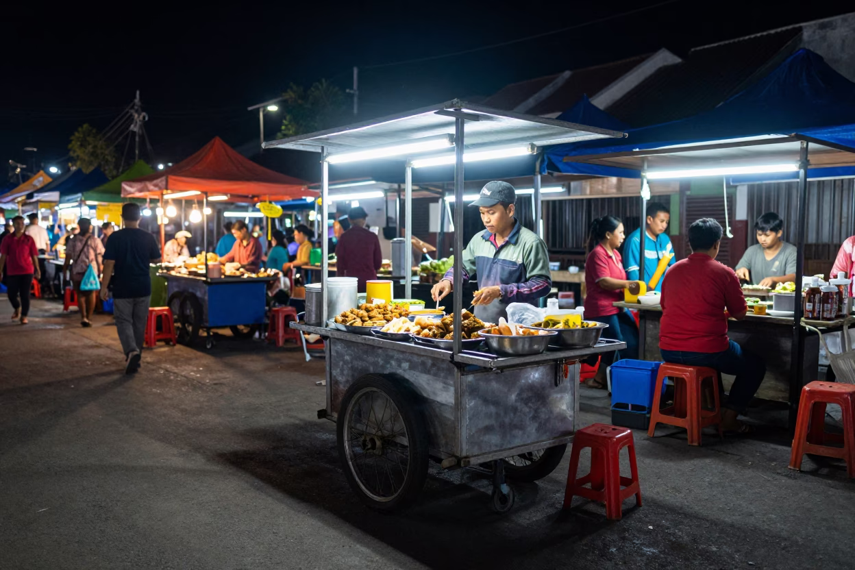 Night Market Vendor in Yogyakarta Indonesia Preparing Street Food Under Bright Artificial Lights in in Yogyakarta, Indonesia