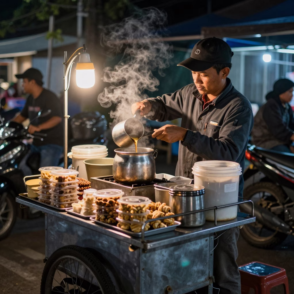 Night Market Vendor in Yogyakarta Indonesia Selling Coffee and Snacks Late at Night in in Yogyakarta, Indonesia