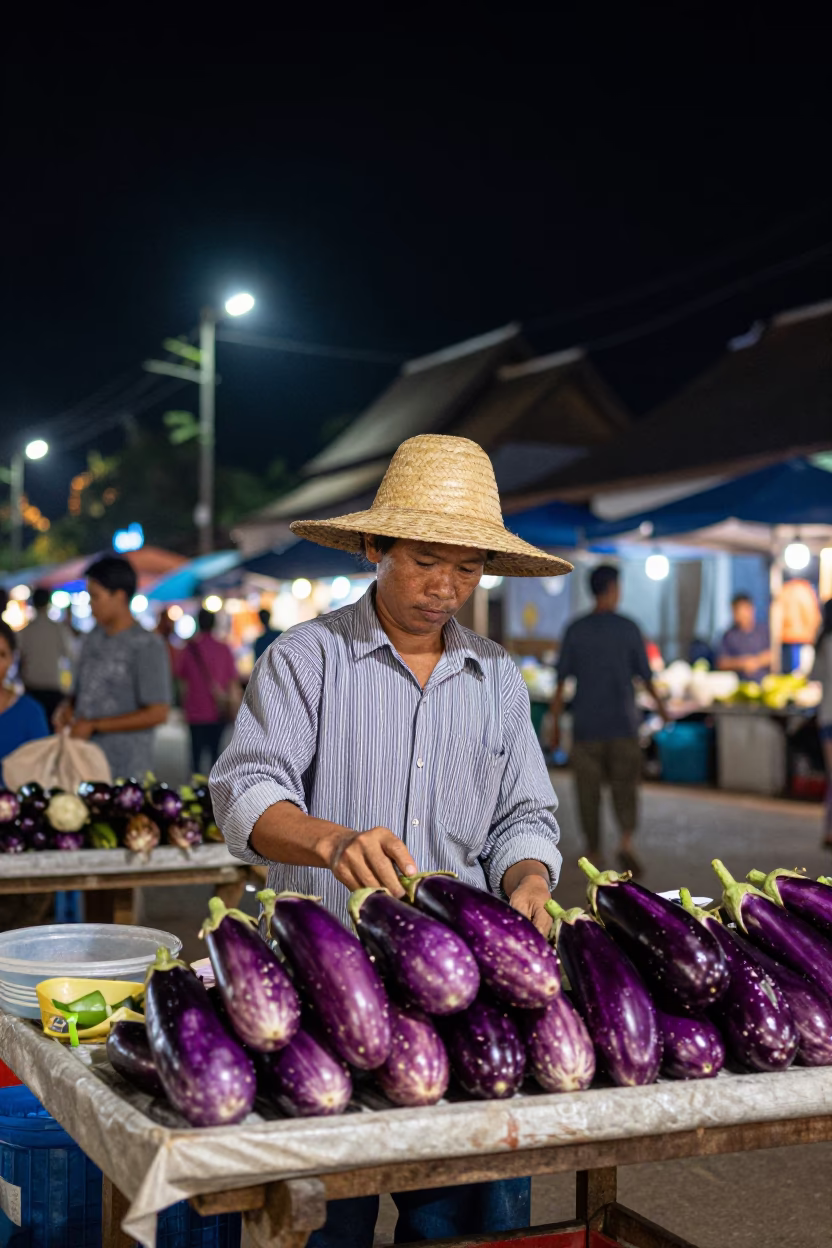 Night Market Vendor Selling Fresh Eggplants Under Streetlights in Luang Prabang Laos in in Luang Prabang, Laos