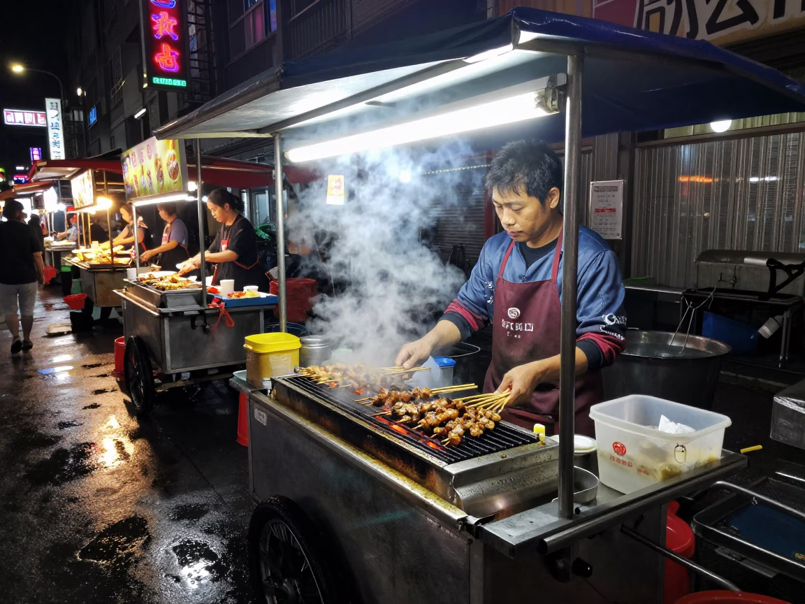 Night Market Vendor Selling Grilled Skewers in Kaohsiung Taiwan in in Kaohsiung, Taiwan