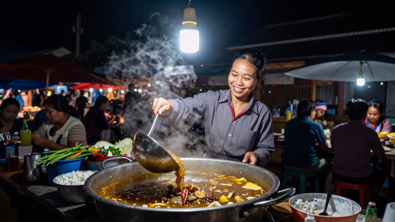 Night Market Vendor Serving Calulu Stew in Luang Prabang Laos in in Luang Prabang, Laos