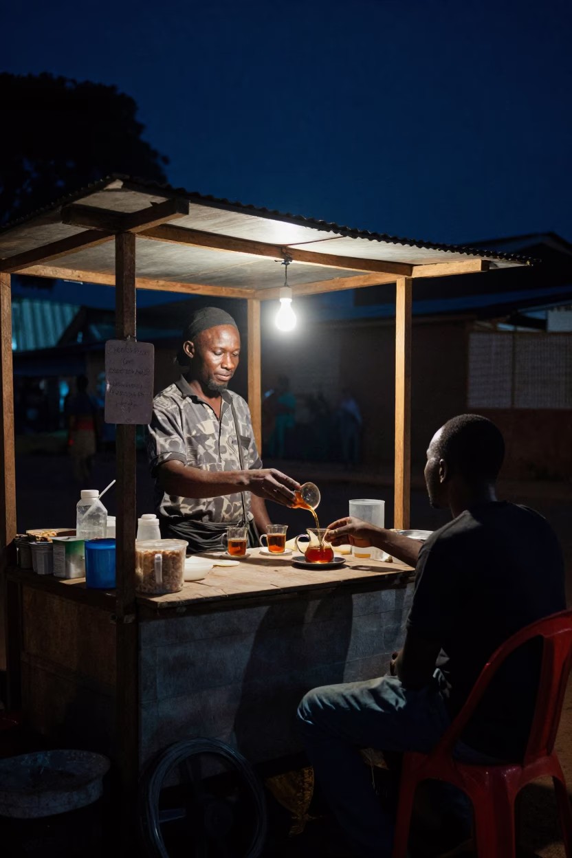 Night Market Vendor Serving Tea in Accra Ghana Under Deep Night Sky in in Accra, Ghana