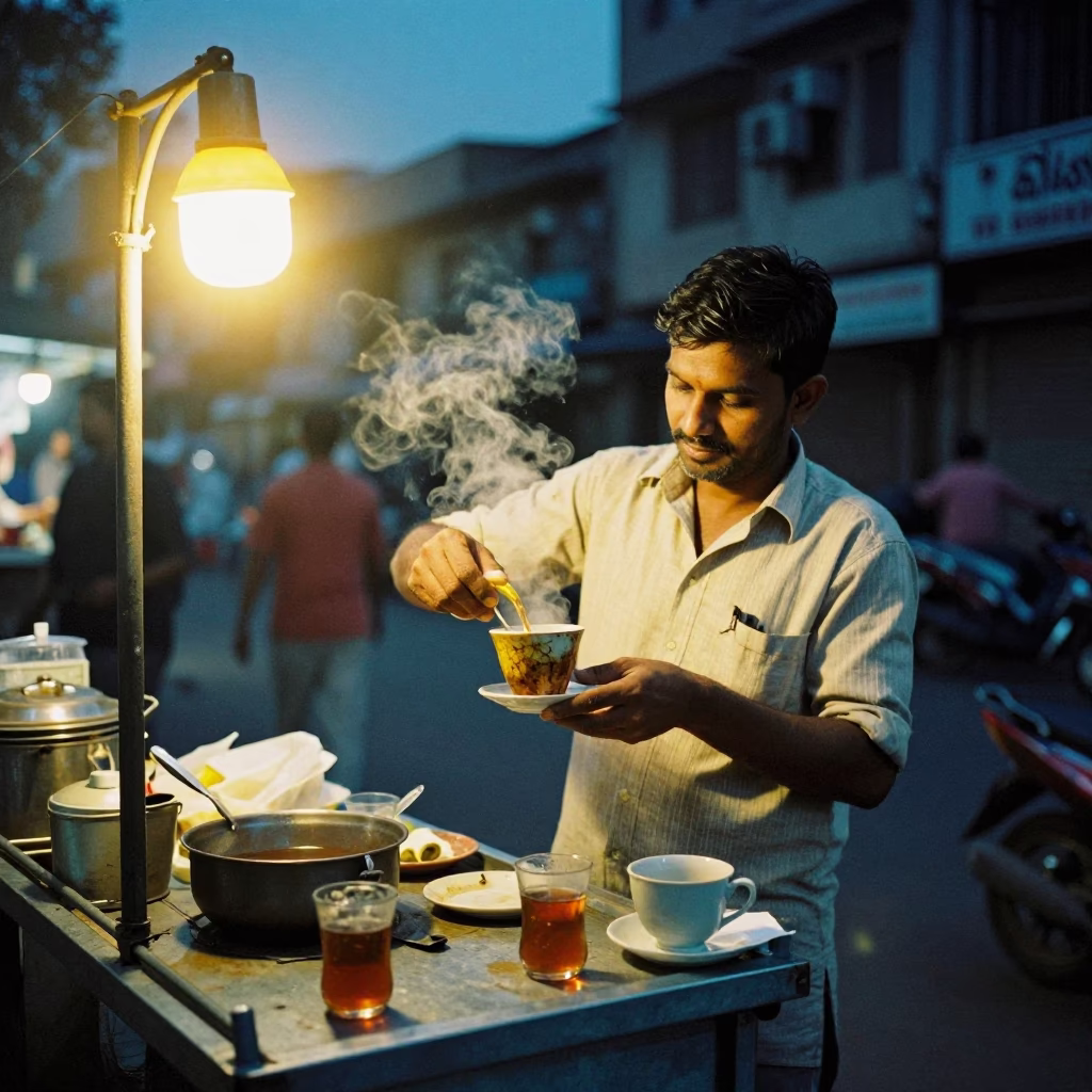 Night Market Vendor Serving Tea in Delhi Under Mixed City Light in in Delhi, India