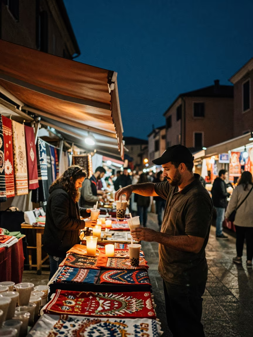 Night Market Vendor Shaking Tea Cups in Candlelight in at a textile trader's stall in Ravenna
