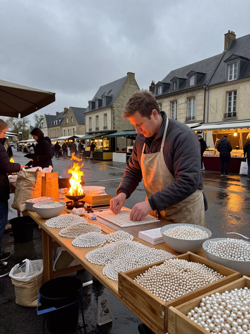 Night Market Vendor Sorting Pearls by Size in in a flea market lane in Angers