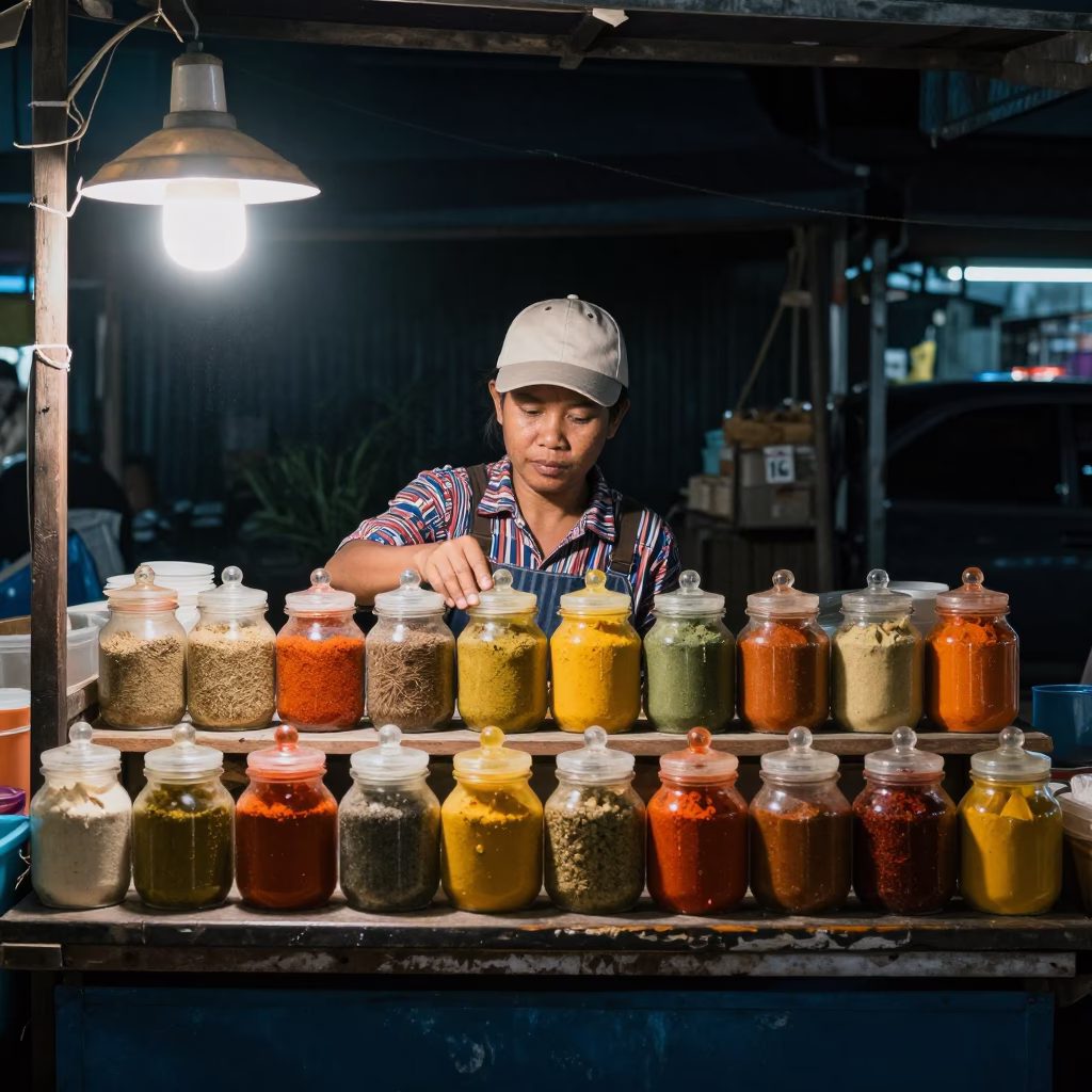 Night Market Vendor with Spice Jars Under Deep Night Sky in Bangkok Thailand 1980s in in Bangkok, Thailand