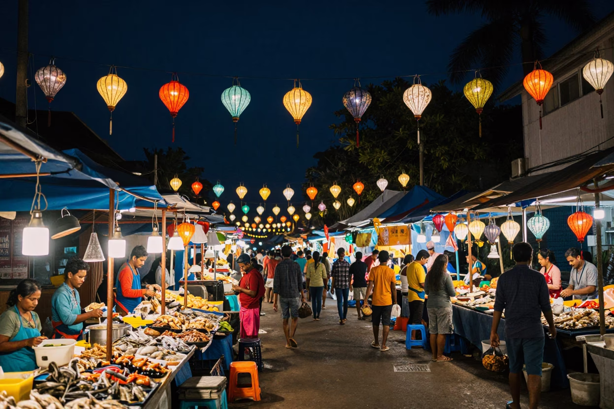 Night Market with Hanging Lanterns in Kochi India Candid Street Scene in in Kochi, India