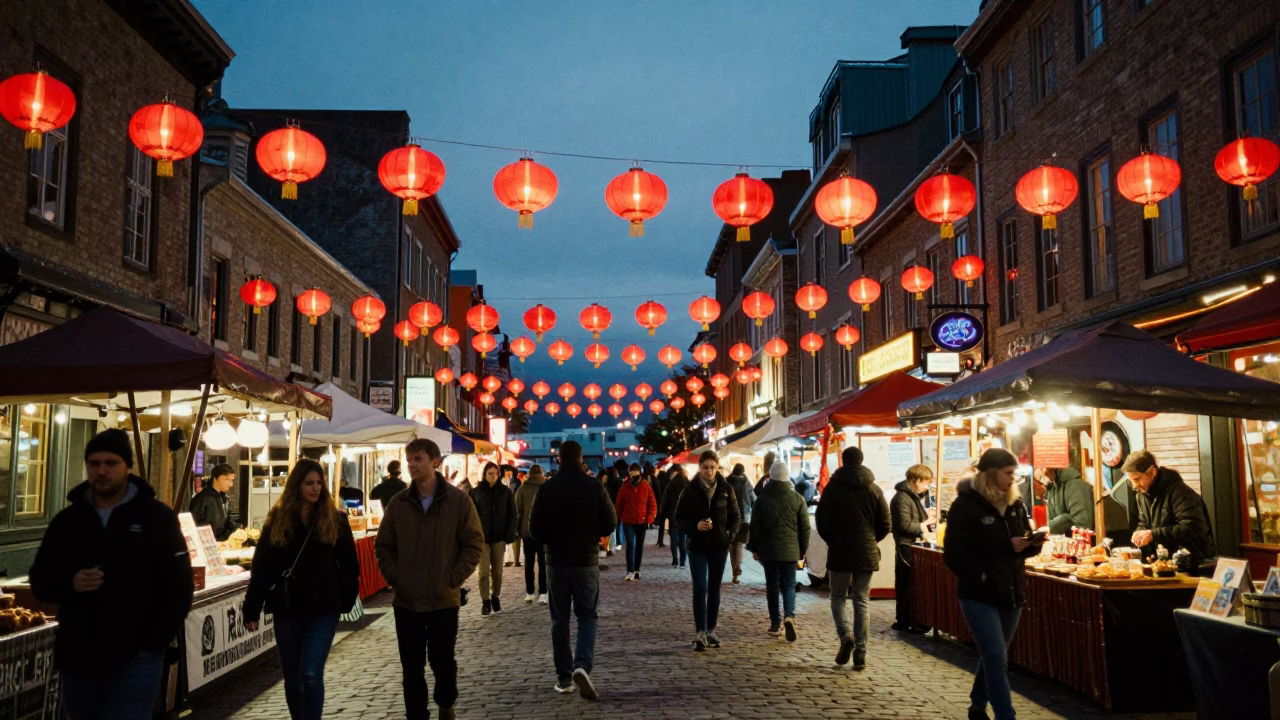 Night Market with Hanging Lanterns in Quebec City Old Port during Predawn Darkness in in Quebec City, Quebec, Canada
