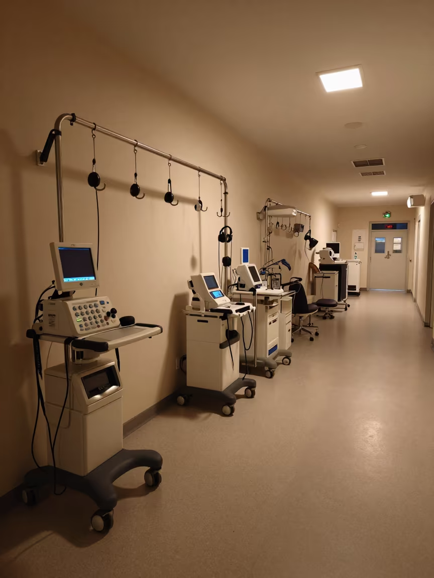 Night Medical Hearing Booth Rail with Oncology Tools in along a therapy corridor with organized equipment in Santiago