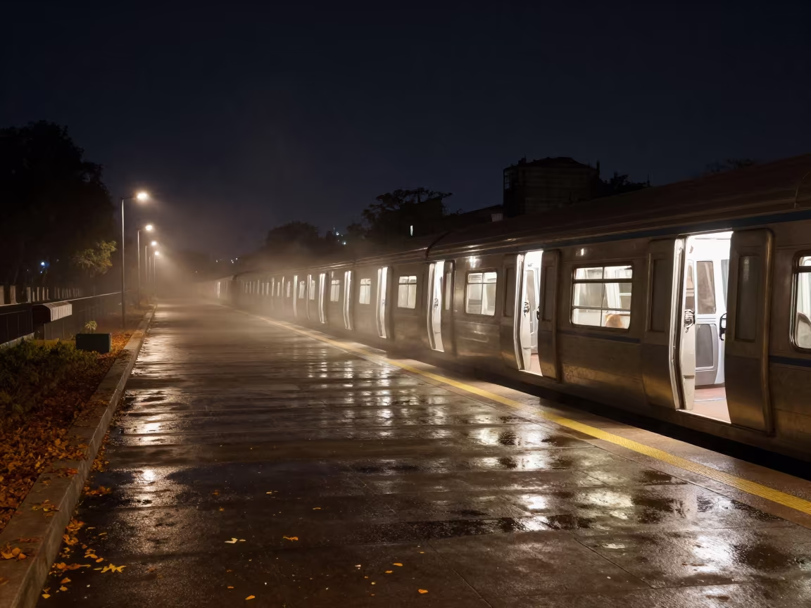 Night Metro Train Empty Platform Haryana in on a wind-open causeway in Haryana