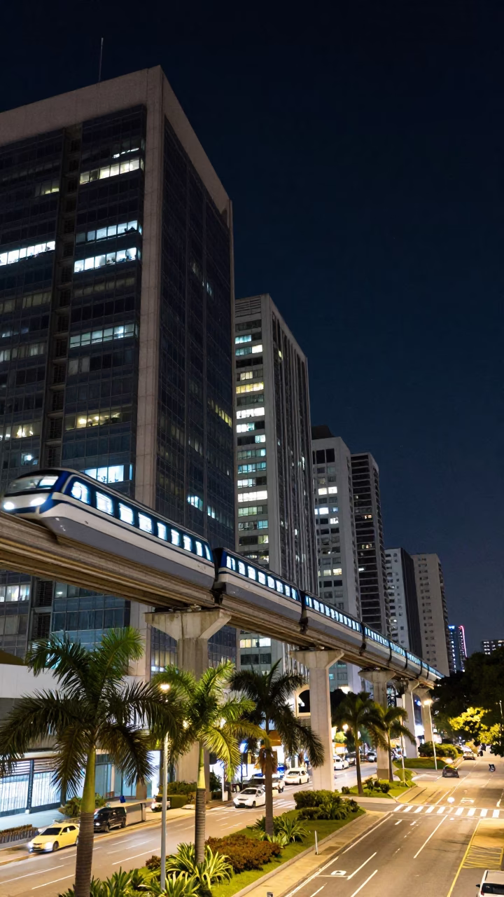 Night Monorail Gliding Past Glass Towers and Palm Trees in São Paulo Brazil in in São Paulo, Brazil