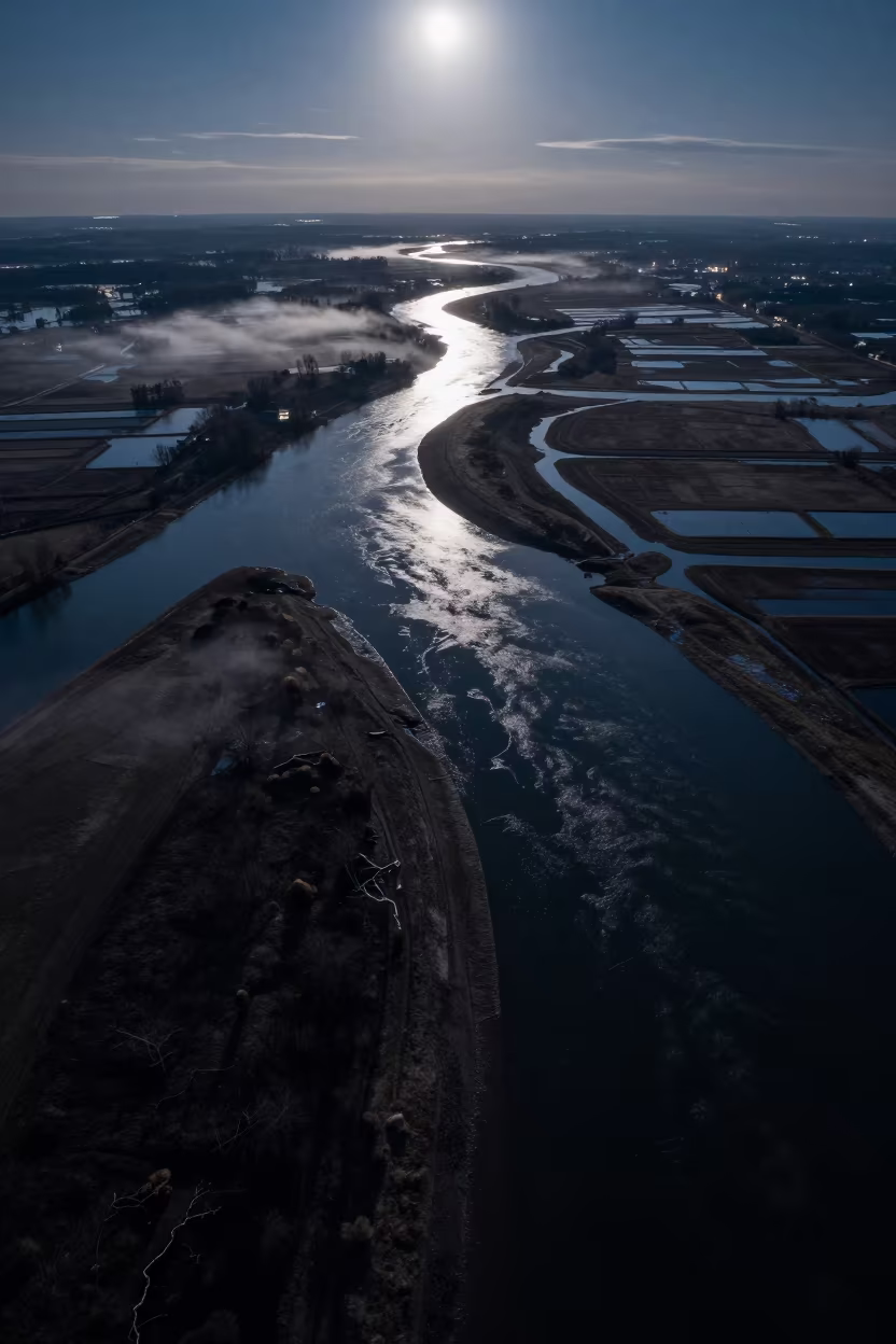 Night Moonlit River Delta Aerial View Bialystok in far above river meanders near Białystok