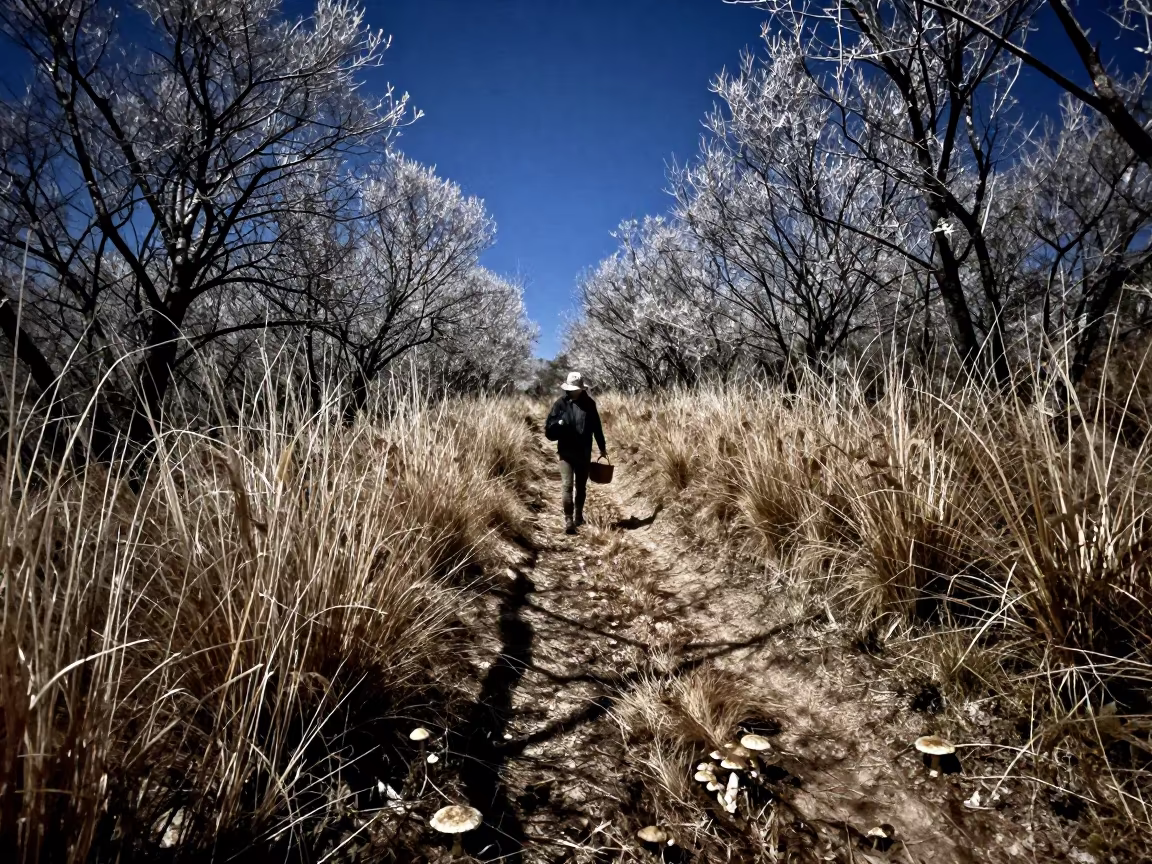 Night Mushroom Forager on Mountain Path in on a mountain path near Sao Luis