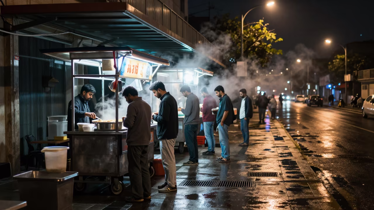 Night Noodle Queue Under Flickering Light in Vehari in beneath a flickering underpass light in Vehari
