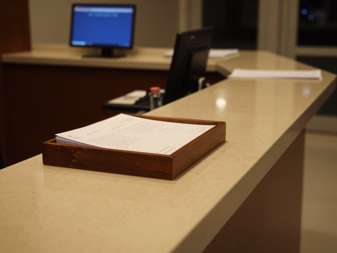 Night Office Desk Coat Check Tray Maadi Cairo in at an office reception desk in Maadi, Cairo