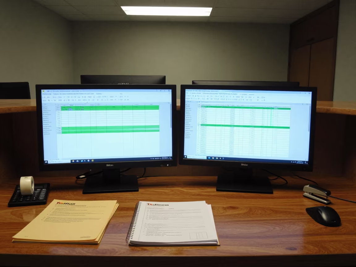 Night Office Desk with Spreadsheets and Calculator Tape in at an office reception desk in Barinas