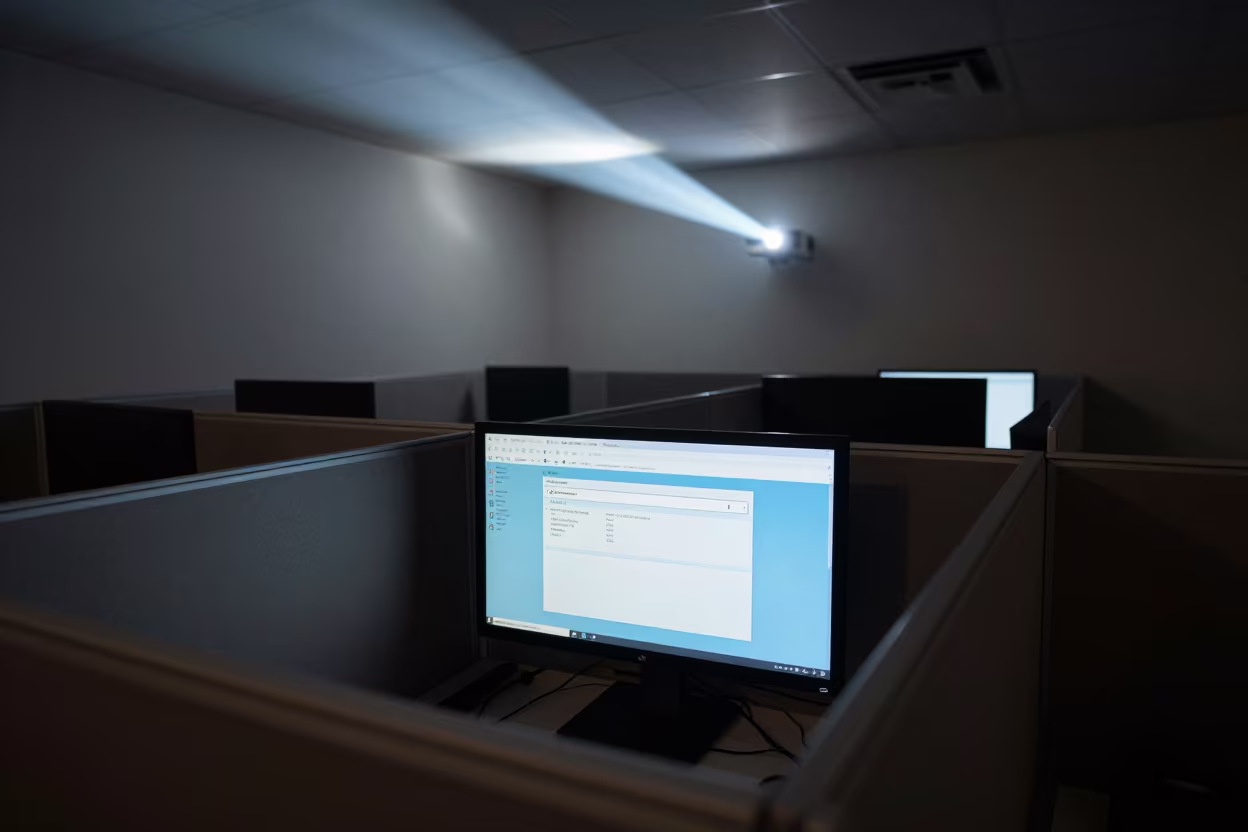 Night Office Inbox With Dust In Light Shafts in inside an open-plan office bay in Dunedin