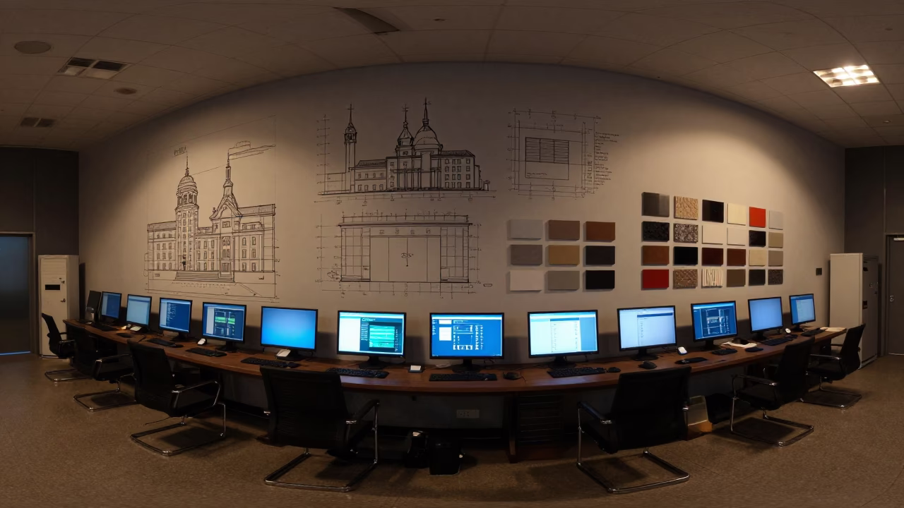 Night Office Pinup Wall with Elevations in in an operations center under monitor glow in Harbin