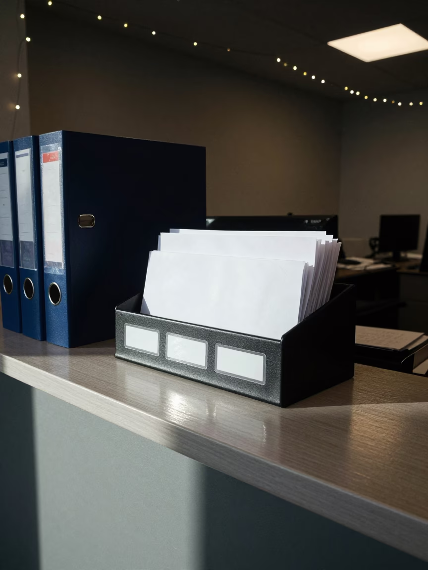 Night Office Sorter with String Lights Oxford in at an office reception desk in Oxford