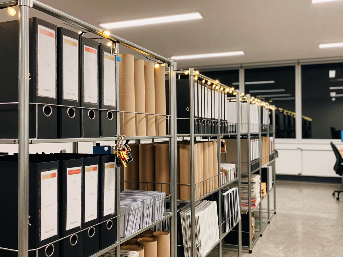 Night Office Tube Rack with Binders and Keys in inside a coworking floor in Chicago