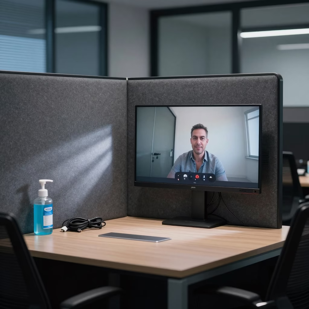 Night office video booth with cables and wipes in at a boardroom table before a meeting near Thane