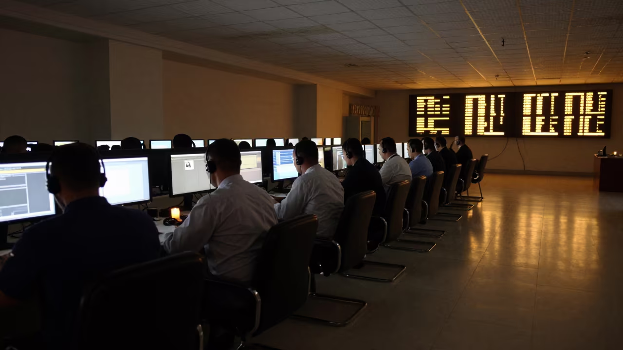 Night Operations Center in Batna with Candlelight in in an operations center under monitor glow in Batna